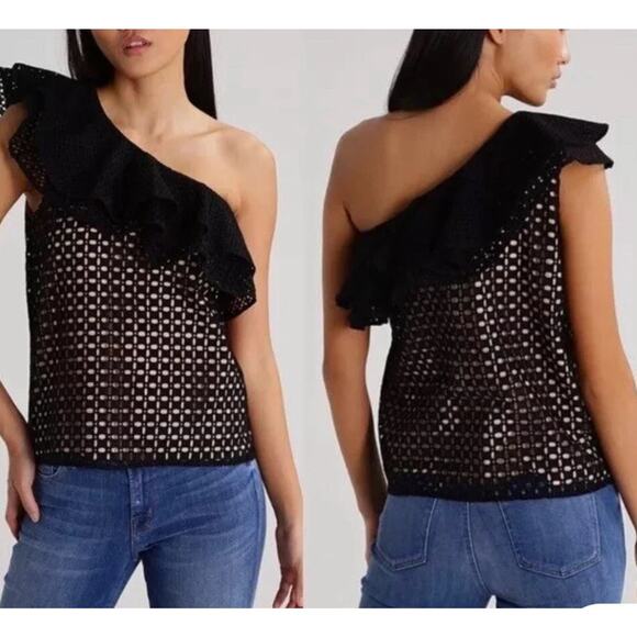 J. Crew Tops - J. Crew One Shoulder Blouse Black Eyelet Nude Lined Top Women’s 4 NWT